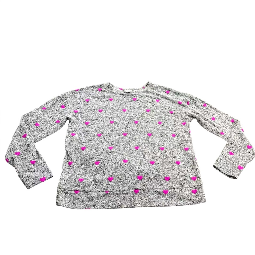 GAP Girls Long Sleeve Shirt Sweater, Gray Marled With Pink Heart Print, Sz XL 12